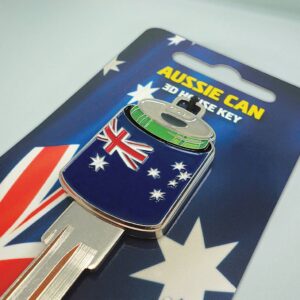 Key blank with Australian flag wrapped around a green beer can