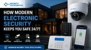 Modern electronic security system featuring CCTV cameras, smart alarms, access control, and mobile monitoring to protect homes and businesses 24/7.