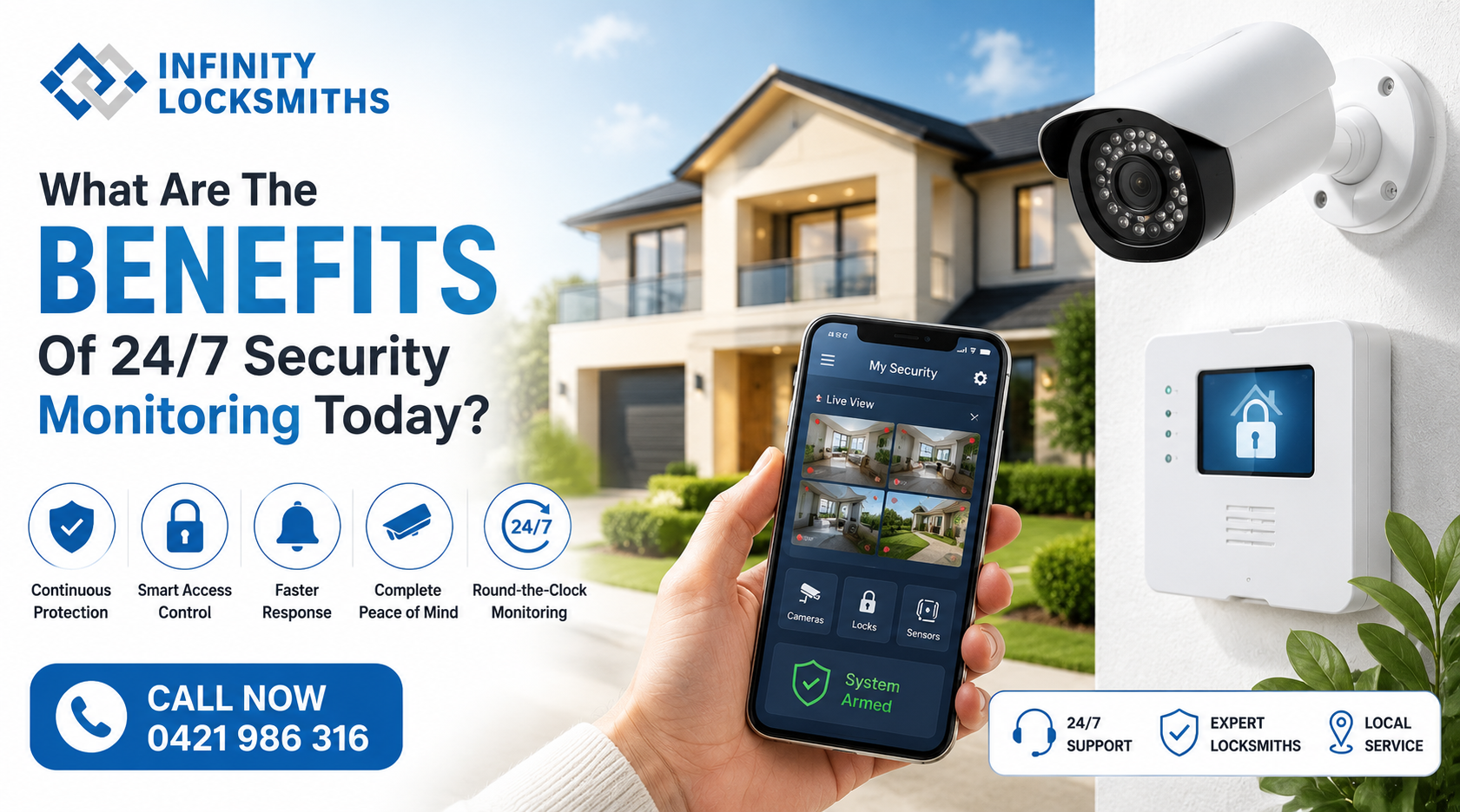 24/7 monitoring security system with CCTV camera, smart lock and mobile security app for home protection