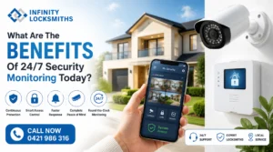 24/7 monitoring security system with CCTV camera, smart lock and mobile security app for home protection